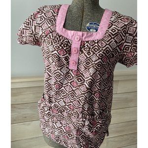 HEALING‎ HANDS Scrub Top Style 2041 WOMENS Size M Pink Brown 2 Pockets Short Slv